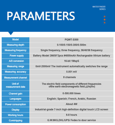 पीक्यूडब्ल्यूटी एस500 एलसीडी डिस्प्ले रिचार्जेबल लिथियम बैटरी और भूमिगत जल का पता लगाने के लिए ट्रिपल फ्रीक्वेंसी के साथ वाटर डिटेक्टर